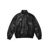 Supreme Men's And Women's Spring/fall Fashion Casual Solid Color High Neck Zipper Front Embroidered Logo Leather Jacket #79518