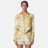 Versace Women's Summer Starfish Shell Pattern Printed V-neck Single Button Long Sleeved Silk Shirt And Casual Shorts Set Suit #77193