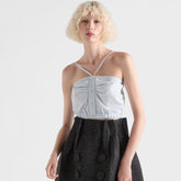 Prada Women's Summer High-Street Cotton Pleated Button-Up Elastic Hem Solid-Color Striped Short Top Sleeveless Double-Strap Cross-Front Halter Camisole Ngvp #2542