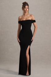 Law of Attraction | Black Bardot Draped Split Maxi Dress