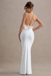 Francoise | White Cowl Neck Backless Maxi Dress With Lace Insert