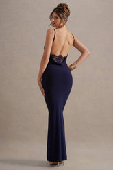Francoise | Navy Cowl Neck Backless Maxi Dress With Lace Insert