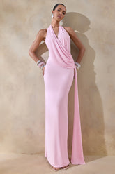 Rosina | Pink Halter-Neck Draped Maxi Dress With Sash