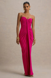 Ali | Hot Pink Sweetheart Ruched Wrap Maxi Dress