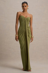 Ali | Olive Sweetheart Ruched Wrap Maxi Dress