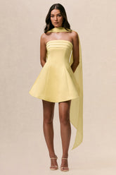 Love Me | Lemon Satin Skater Mini Dress With Chiffon Scarf