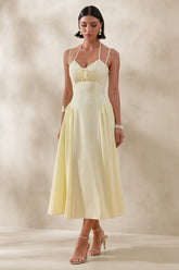 Audrey | Lemon Sweetheart-Neck Midi Dress With Ruching Detail