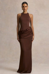 Akari | Brown Crew-Neck Maxi Dress With Satin Skirt
