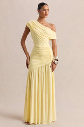 Kady | Lemon Asymmetric-Neck Maxi Dress With Ruched Detailing