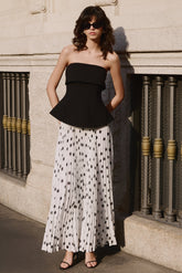 Stellara | Black & White Polka Dot Bandeau Corset Maxi Dress With Sheer Skirt