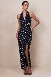 Hana | Black & White Polka Dot Plunge-Neck Tailored Maxi Dress