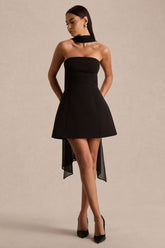 Noor | Black Bandeau-Neck Mini Dress With Scarf Detail