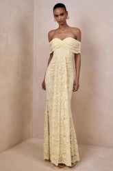 Aries | Lemon Lace Bardot-Neck Maxi Dress With Gathered Detailing