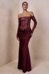 Rinna | Burgundy Lace Bardot-Neck Maxi Dress