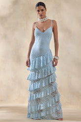 Avelisse | Blue Lace Plunge-Neck Maxi Dress With Ruffled Detailing