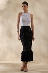 Vionna | Black And White Lace High-Neck Midi Dress With Bow-Belt Detail