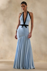 Cosmina | Powder Blue Plunge-Neck Maxi Dress With Bow-Detail