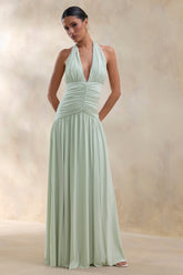 Bettina | Sage Plunge-Neck Maxi Dress With Gathered-Detailing