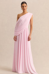 Sabianna | Pink Asymmetric-Neck Maxi Dress With Draped Detailing