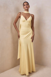 Starling | Lemon Matte Satin Plunge-Neck Maxi Dress With Scarf-Detail