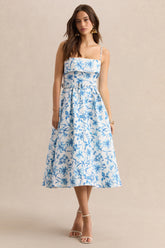 Devina | Blue Porcelain Print Square-Neck Belted Midi-Dress