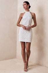 Penelope | White Embellished High Neck Mini Dress