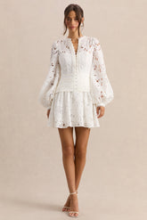 Helena | White Crew-Neck Mini Dress With Puff-Sleeves and Pleated Skirt