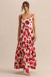 Danika | Hot Pink Floral Print Square-Neck Belted Maxi Dress With Pleated Skirt