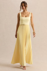 Danika | Lemon Square-Neck Belted Maxi Dress With Pleated Skirt