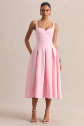Greta | Light Pink Sweetheart-Neck Midi Dress