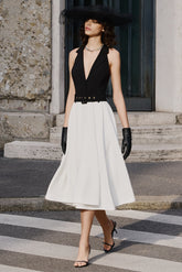 Alessa | Black & White Plunge-Neck Tailored Midi Dress