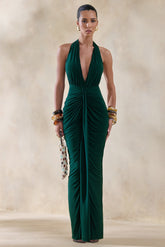 Lesley | Bottle Green Plunge-Neck Maxi Dress