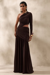 Kinsley | Brown Asymmetric-Neck Maxi Dress With Body Cut-Out Detail