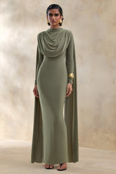 Lysoria | Olive High-Neck Maxi Dress With Draped-Detailing And Cape-Sleeves