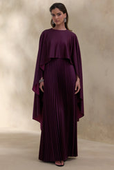 Loradia | Dark Plum Satin Round-Neck Maxi Dress With Cape-Sleeves And Pleated-Skirt