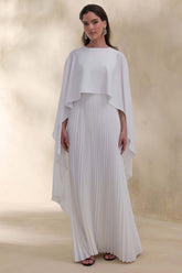 Loradia | Cream Satin Round-Neck Maxi Dress With Cape-Sleeves And Pleated-Skirt