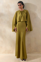 Vanthea | Olive Satin Round-Neck Maxi Dress With Cape-Sleeves