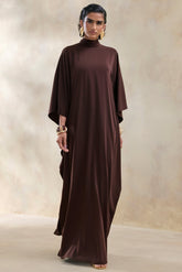 Lumisette | Brown Satin High-Neck Maxi Dress With Cape