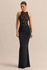 Anthelia | Black Lace And Satin Racer-Neck Maxi Dress With Draped-Detail
