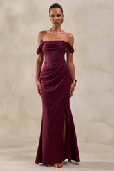 Celinea | Burgundy Satin Bardot-Neck Maxi Dress With Front-High Split