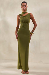 Cyrilla | Green High-Neck Midi Dress With Gold-Detail