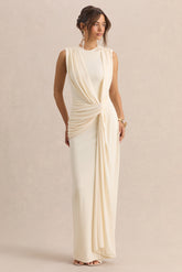 Blythia | Cream Round-Neck Maxi Dress With Gathered-Detailing