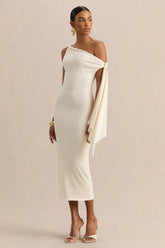 Arcelia | Cream Asymmetric-Neck Midi Dress With Knot-Sleeve Detail