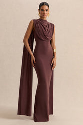 Patrina | Brown High-Neck Maxi Dress With Draped-Detailing And Cape-Sleeves