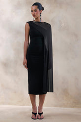 Caloria | Black Asymmetric-Neck Midi Dress With Mesh-Cape