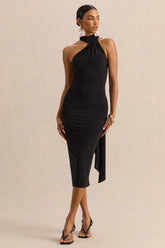Devinae | Black Asymmetric-Neck Midi-Dress With Open-Back And Scarf-Detail