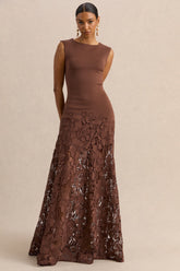Calune | Brown Lace Wide-Neck Maxi Dress