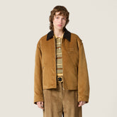 MiuMiu Women's Contrast-Color Leather Collar Spring/Fall Padded Corduroy Zipper Long-Sleeve Solid-Color Jacket #81548