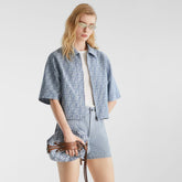 Fendi Women's Summer Blue FF Jacquard Chambray Short-Sleeve Collared Denim Jacket With Casual Elastic Waist Shorts #81543