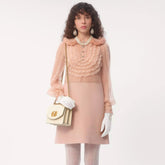 Valentino Women's Spring And Summer Embroidered Crepe Couture Round Neck Solid Color Lace A-Line Short Long-Sleeved Silk Dresses Ngvp #9815